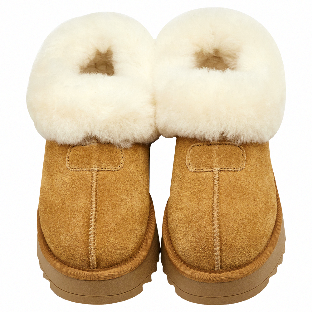 時髦雲朵暖絨牛麂皮短筒厚底雪靴 栗子