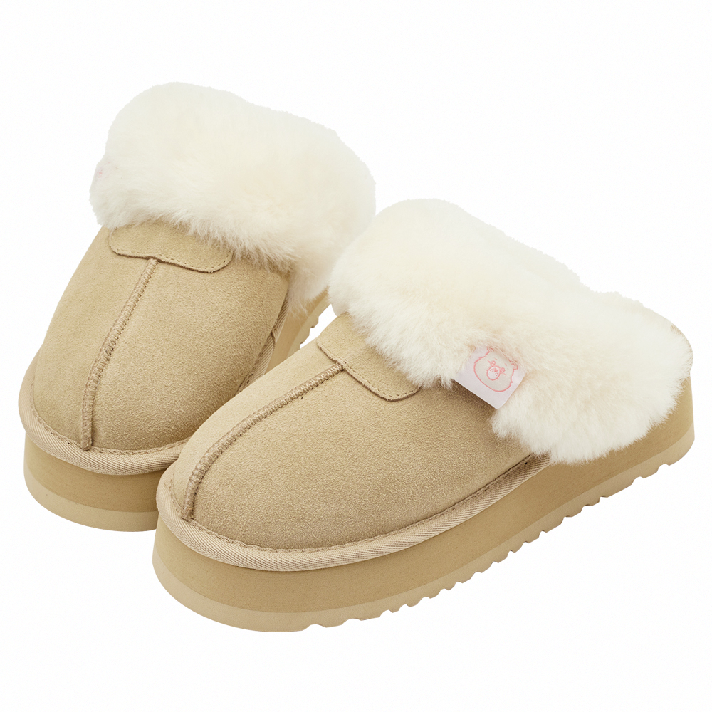 Care Bears-鑽石小熊牛麂皮羊毛厚底雪地拖鞋 杏