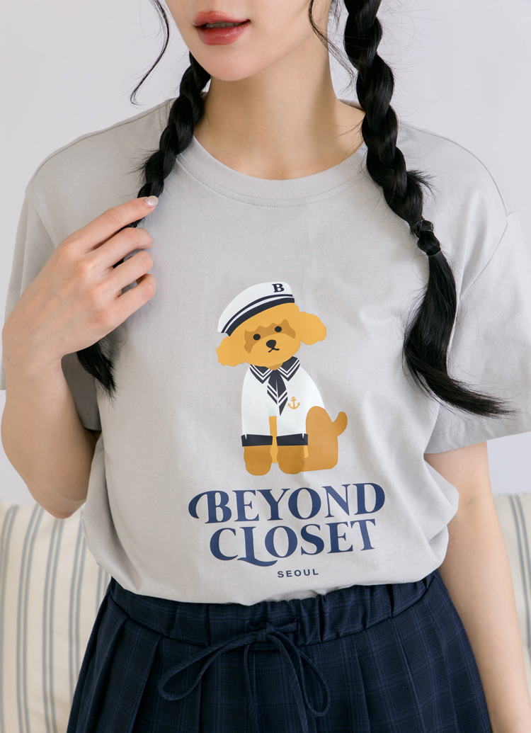 韓國Beyond Closet 水手貴賓印花短版T-shirt 淺灰