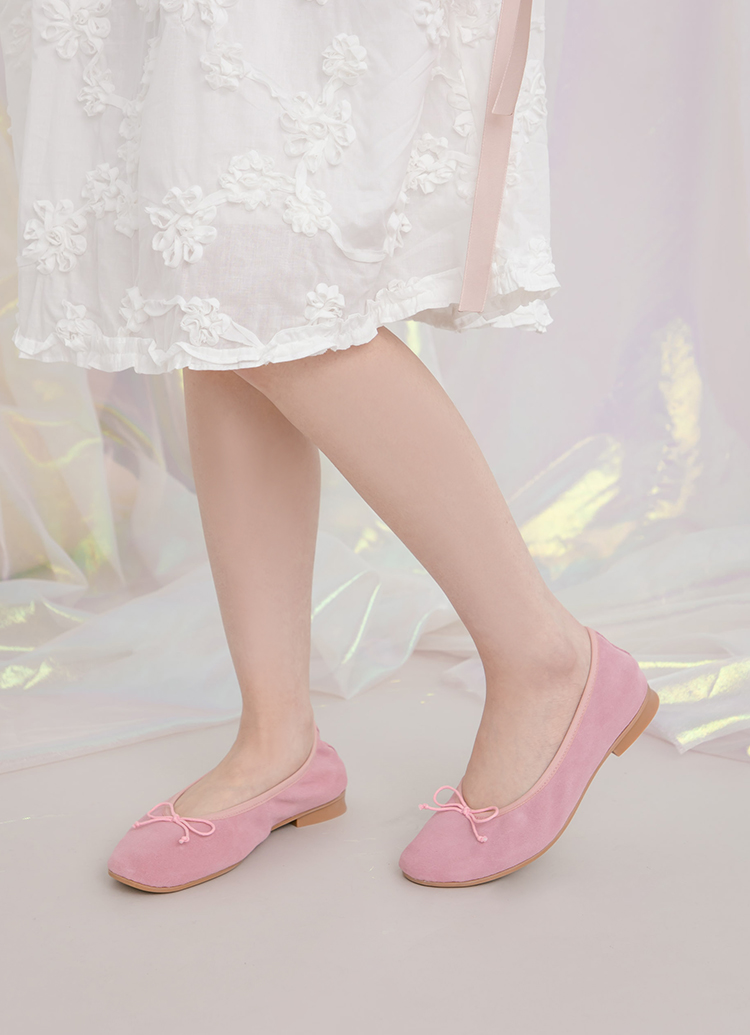 GraceGift平價女鞋 時尚秀場 圓頭 法式訂製全真皮鞋墊絨面芭蕾平底娃娃鞋 粉色