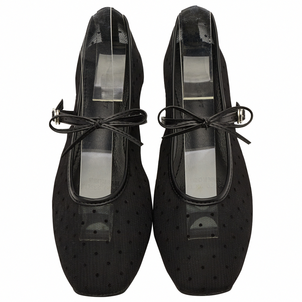 GraceGift平價女鞋 日系水玉 蝴蝶結網紗 內增高瑪莉珍鞋 黑色