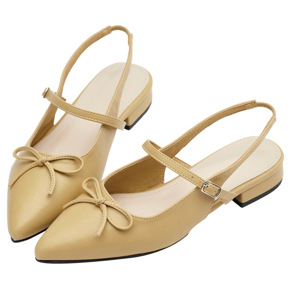 GraceGift 平價女鞋 法式尖頭 蝴蝶結後簍空芭蕾舞平底鞋 淺駝色