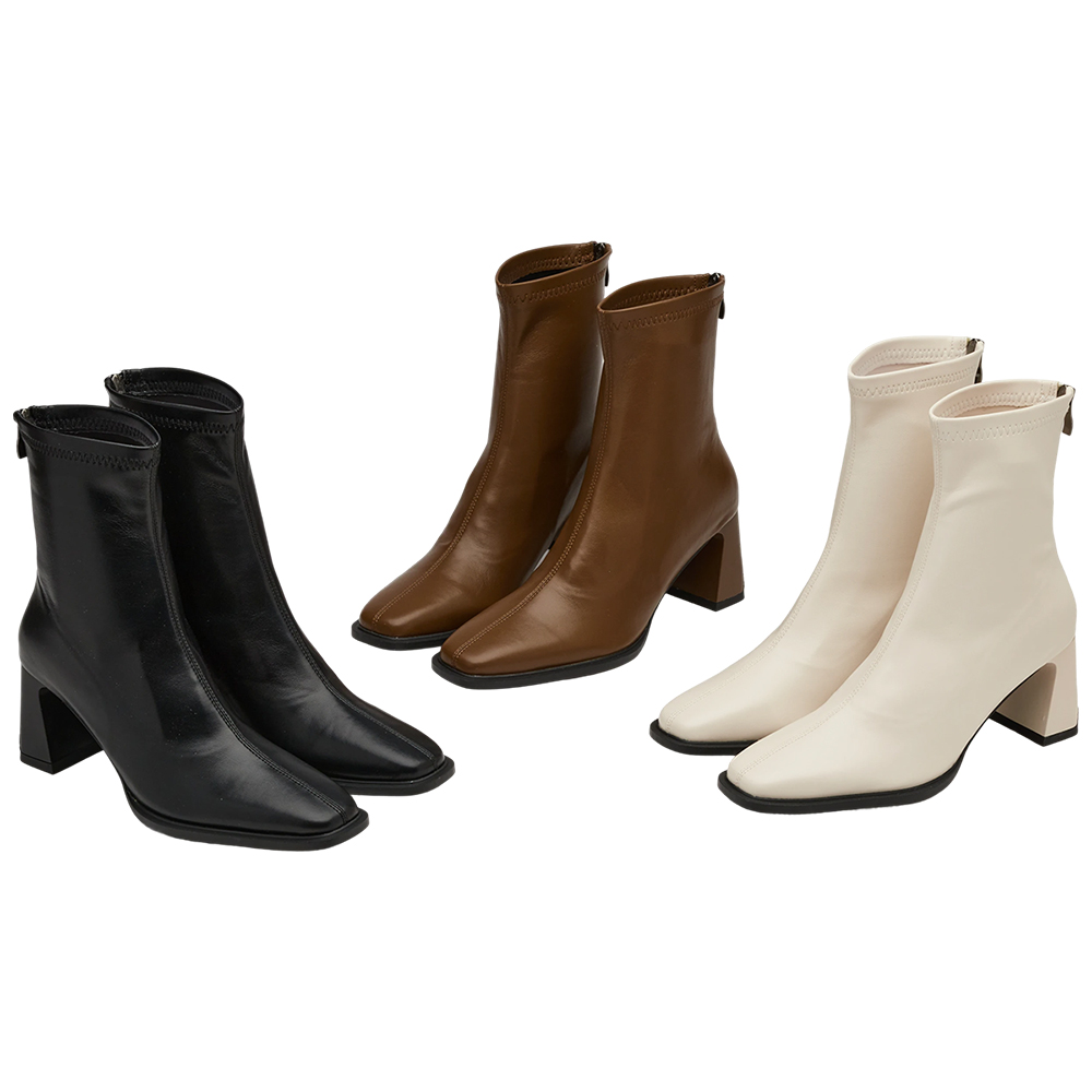 時髦歐膩方頭後拉鍊車線高跟襪靴 米白