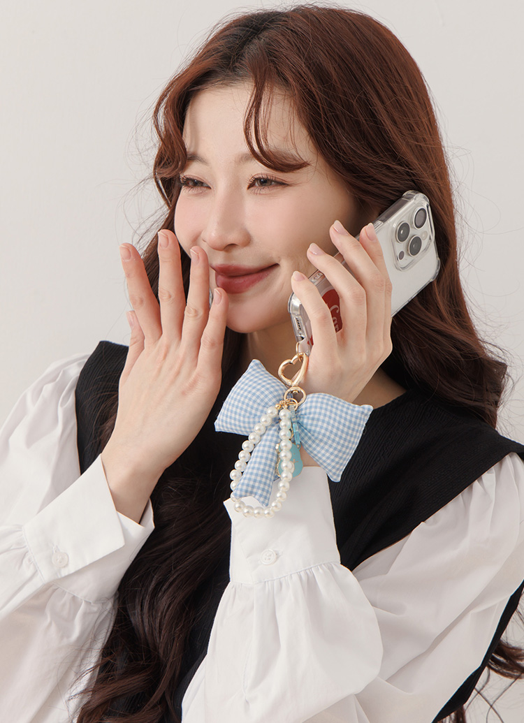 GraceGift CareBears聯名 溫柔小熊 Ribbon系列 格紋蝴蝶結珍珠手機鍊 紅