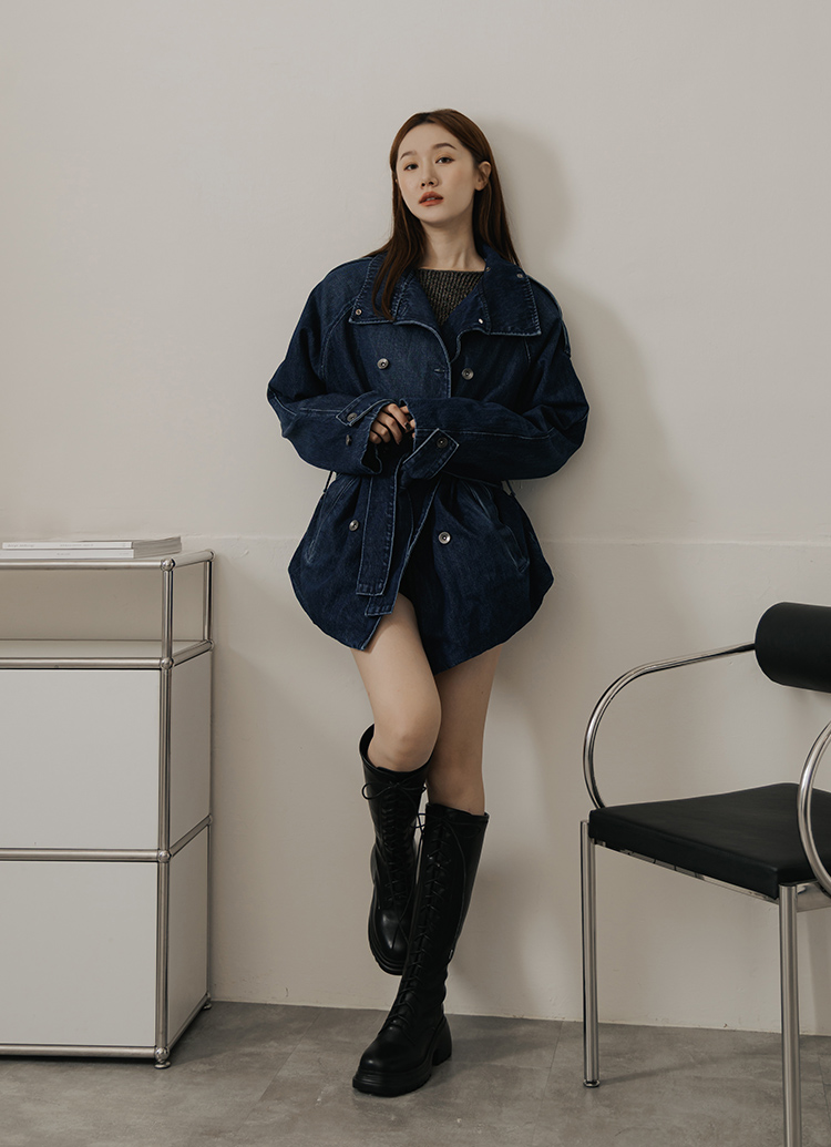 Grace Gift 平價女鞋 韓團必備 圓頭綁帶長靴 黑色 輕量厚底長靴 實拍圖