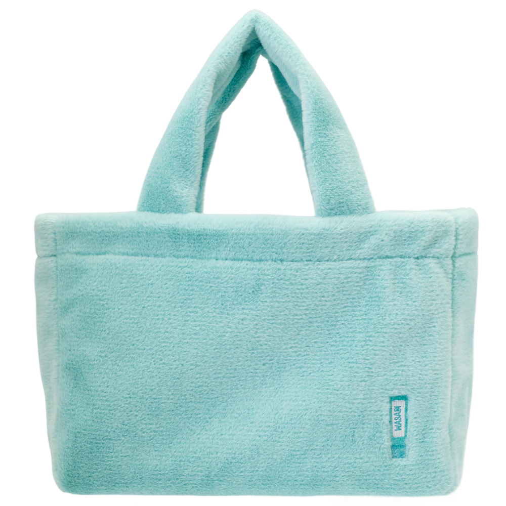 Grace Gift 平價女鞋 Wasabi Bear 聯名 芥末熊 格紋絨毛電繡 托特包 藍綠色 實拍圖