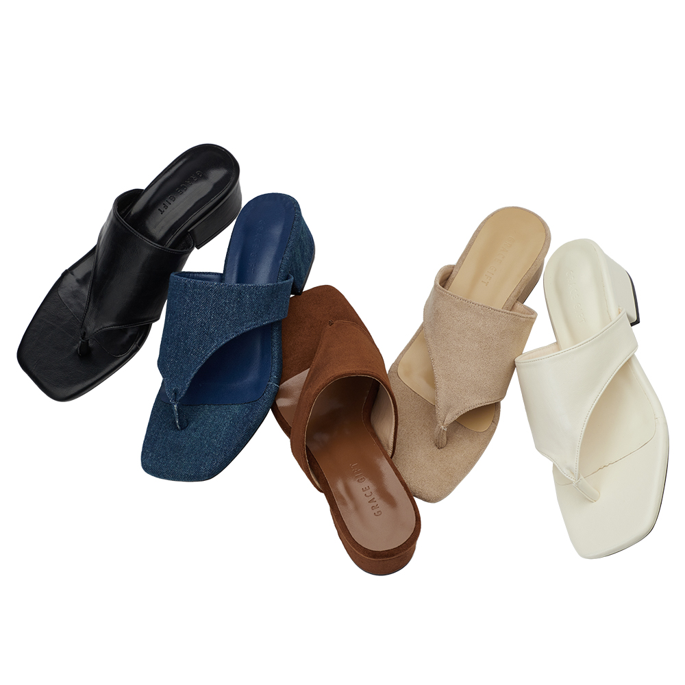 GraceGift 平價女鞋 時尚秀場 方頭 極簡美學柔感人字中跟拖鞋 棕色