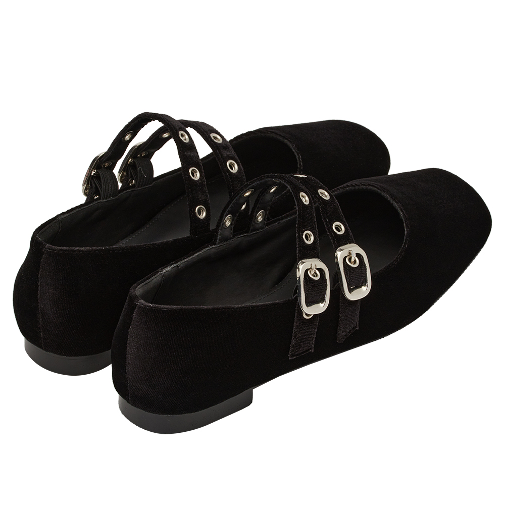 李柔聯名-甜酷序曲方頭金屬雙帶芭蕾舞瑪莉珍鞋 黑絨布