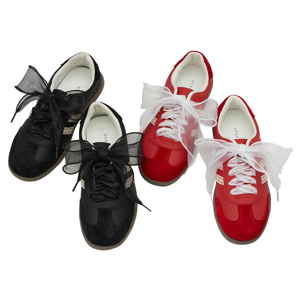 GraceGift 平價女鞋 復古摩登 真皮拼接薄底德訓鞋 附柔光紗帶 正紅色 實品圖