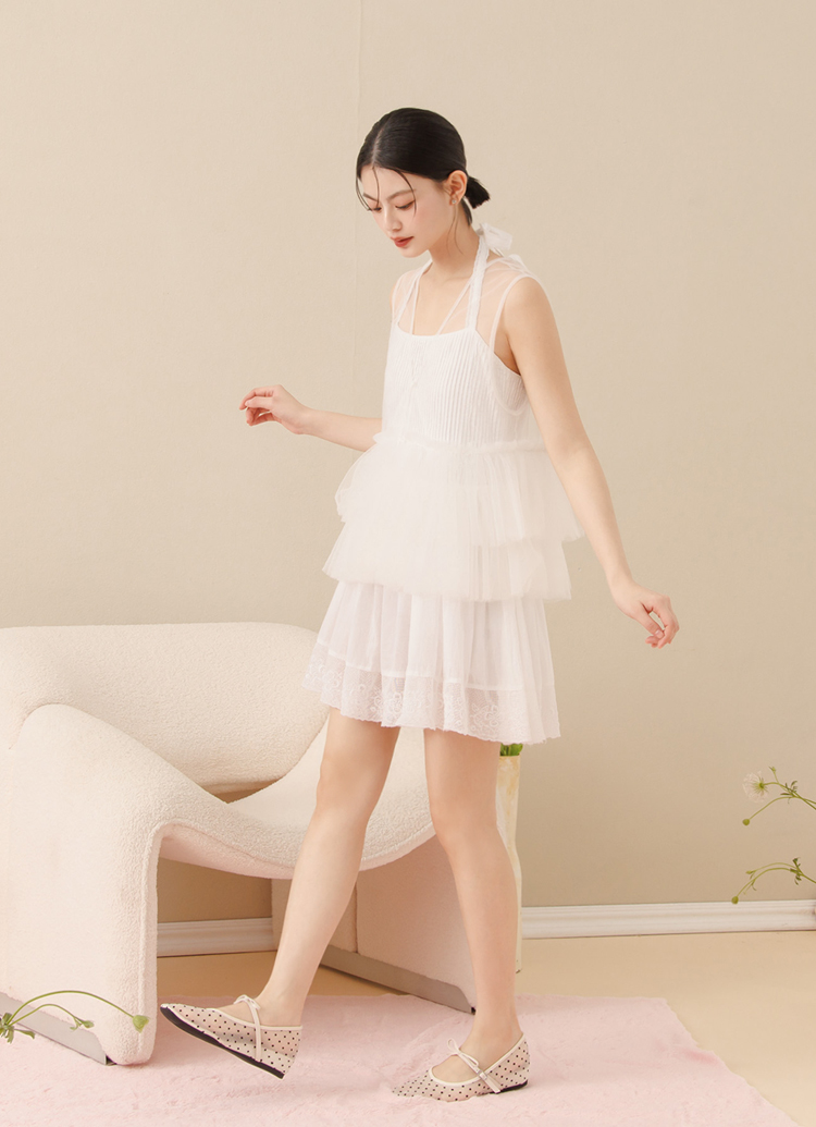 GraceGift平價女鞋 日系水玉 蝴蝶結網紗 內增高瑪莉珍鞋 米白色