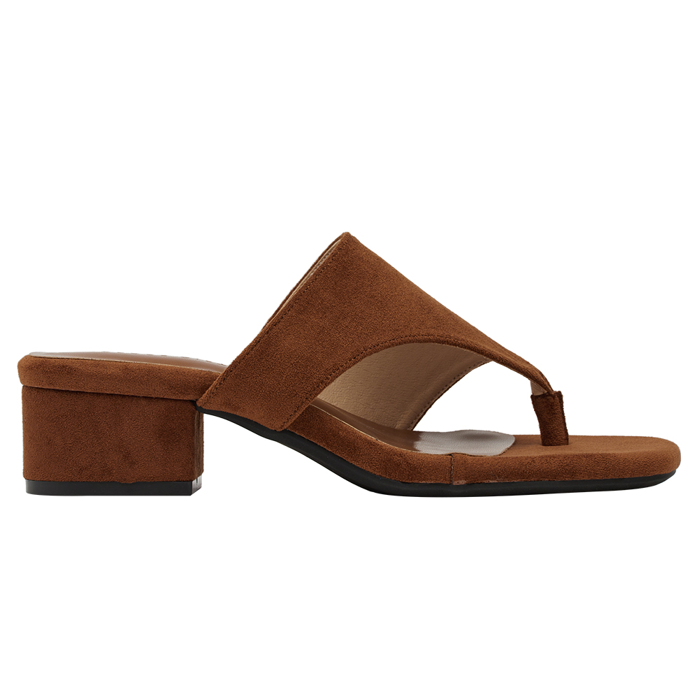 GraceGift 平價女鞋 時尚秀場 方頭 極簡美學柔感人字中跟拖鞋 棕色