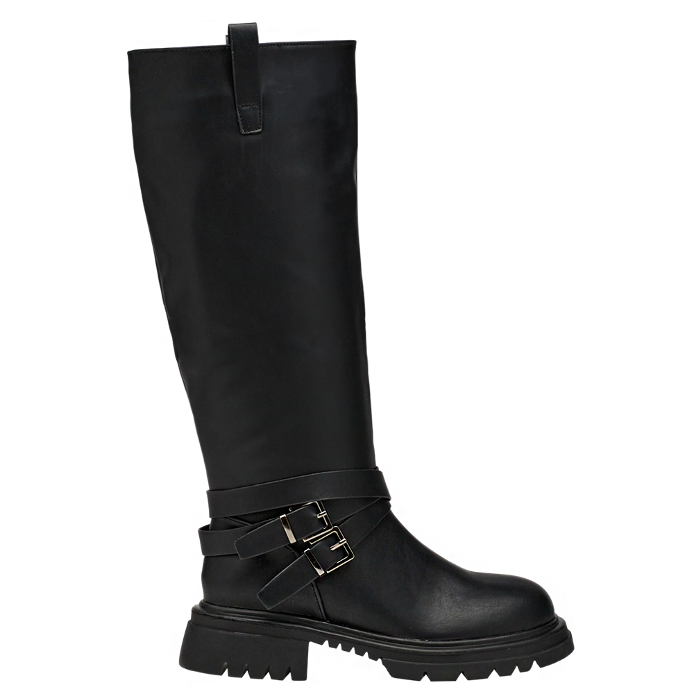 俐落圓頭側拉環繞踝皮帶厚底長靴 黑