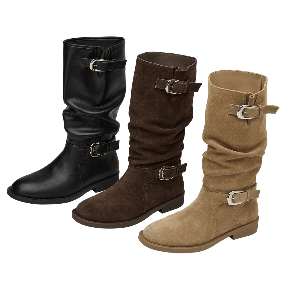 慵懶隨性皮革雙層皮帶扣堆堆長靴 黑