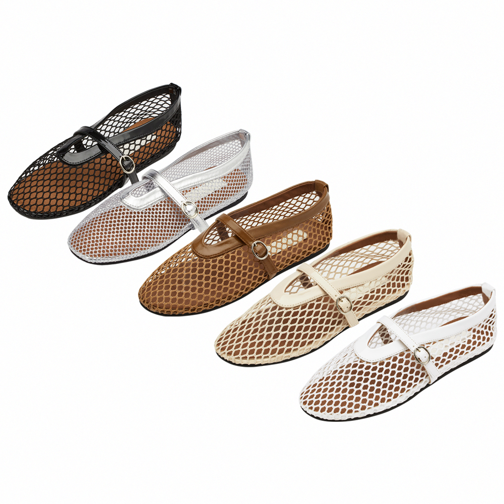 GraceGift 平價女鞋 個性網面 細閃芭蕾舞娃娃鞋 棕色 平底娃娃鞋 實拍圖