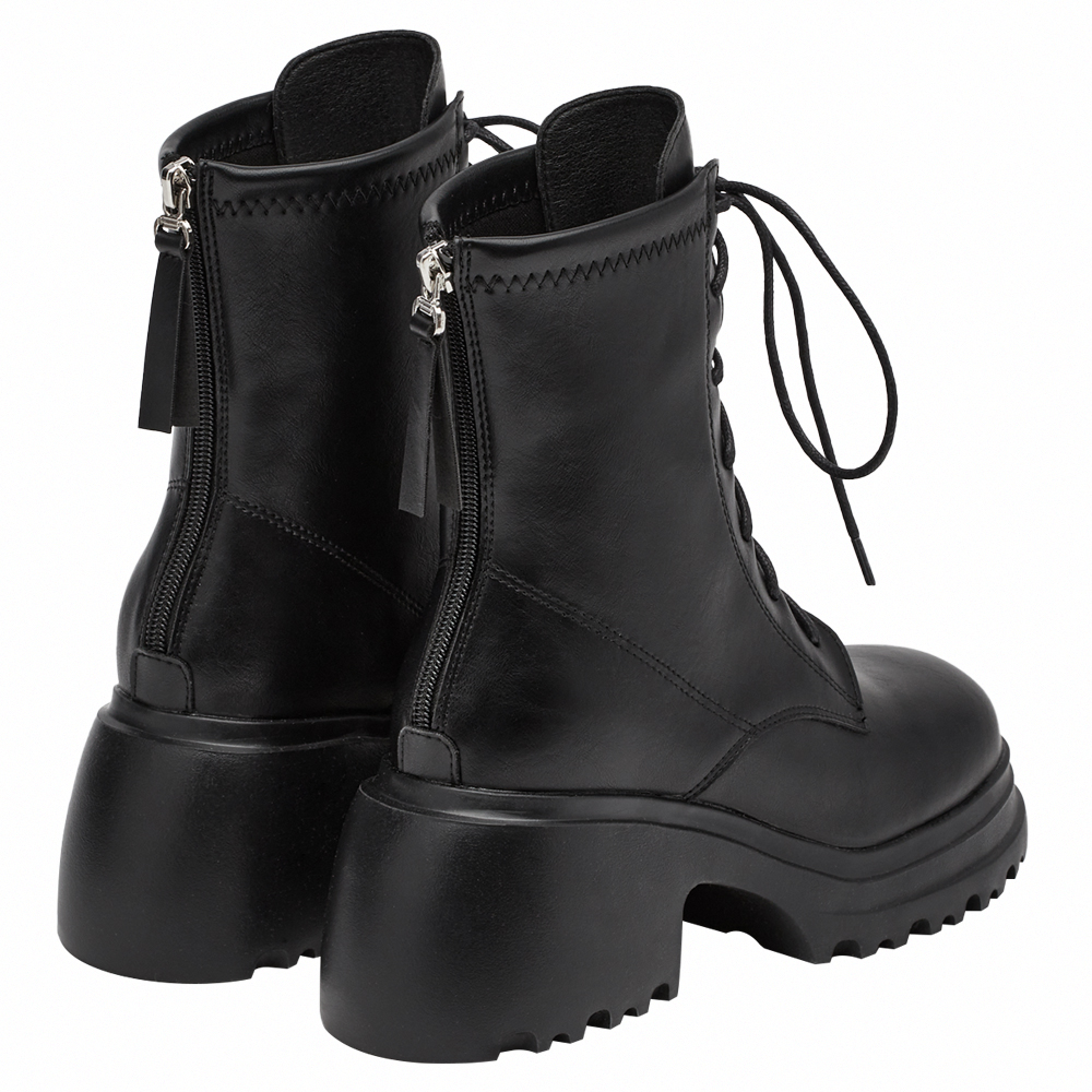 韓團必備圓頭輕量厚底綁帶短靴 黑