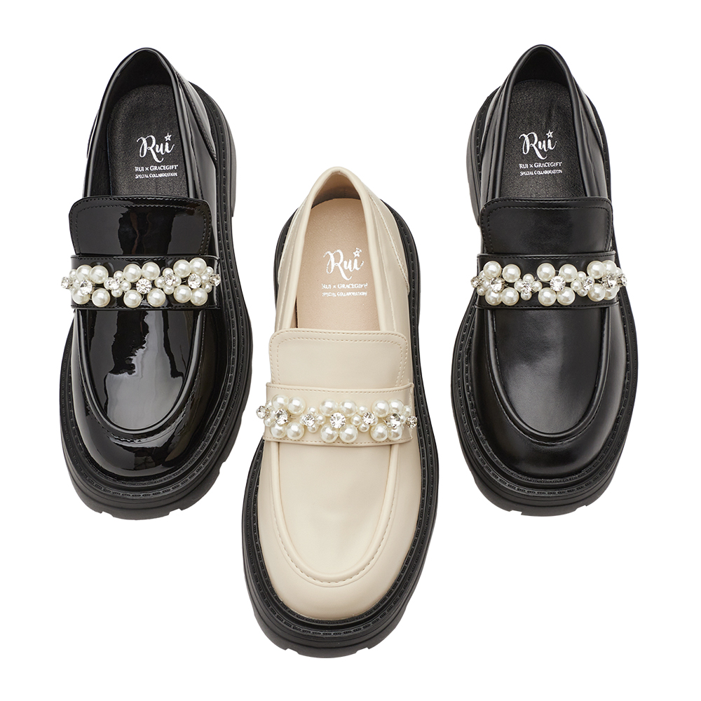 小貓聯名-奢耀珍珠水鑽輕量厚底樂福鞋 黑漆
