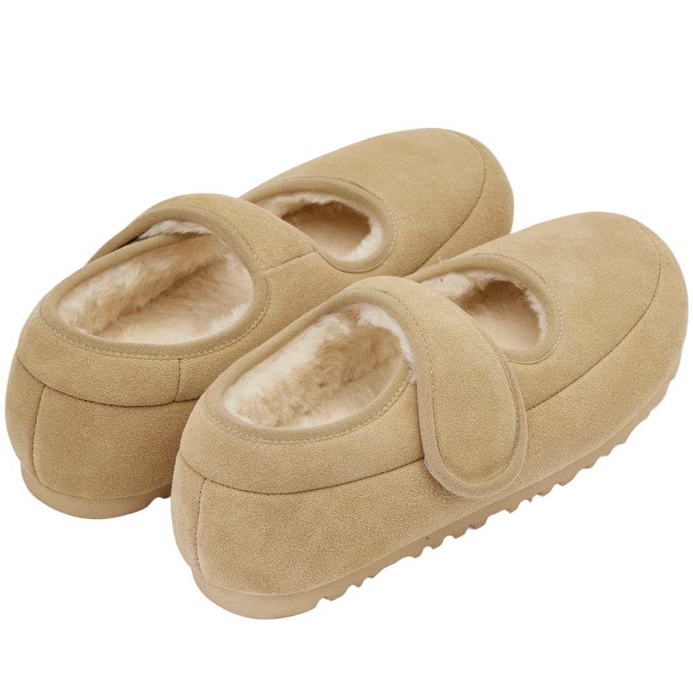 輕甜冬日真皮毛毛輕量瑪莉珍平底鞋 杏