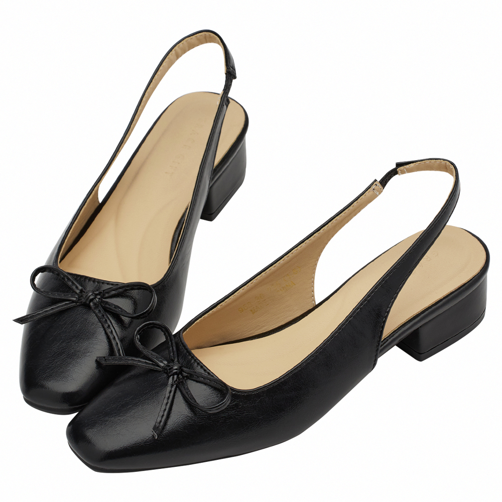 GraceGift平價女鞋 時尚秀場 方頭 韓系清新蝴蝶結後空跟鞋 黑色