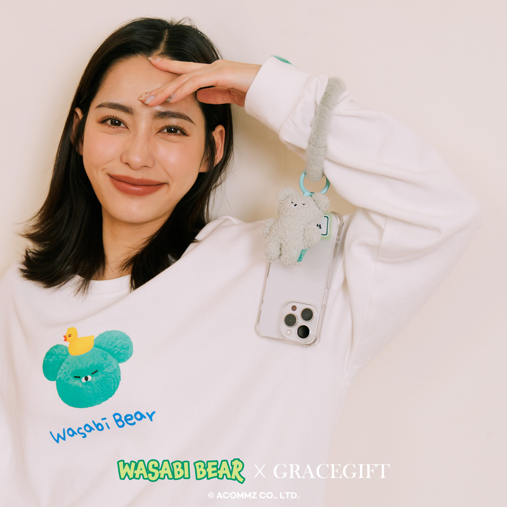 GraceGift Wasabi Bear聯名 芥末熊 絨毛手機掛環 藍綠色