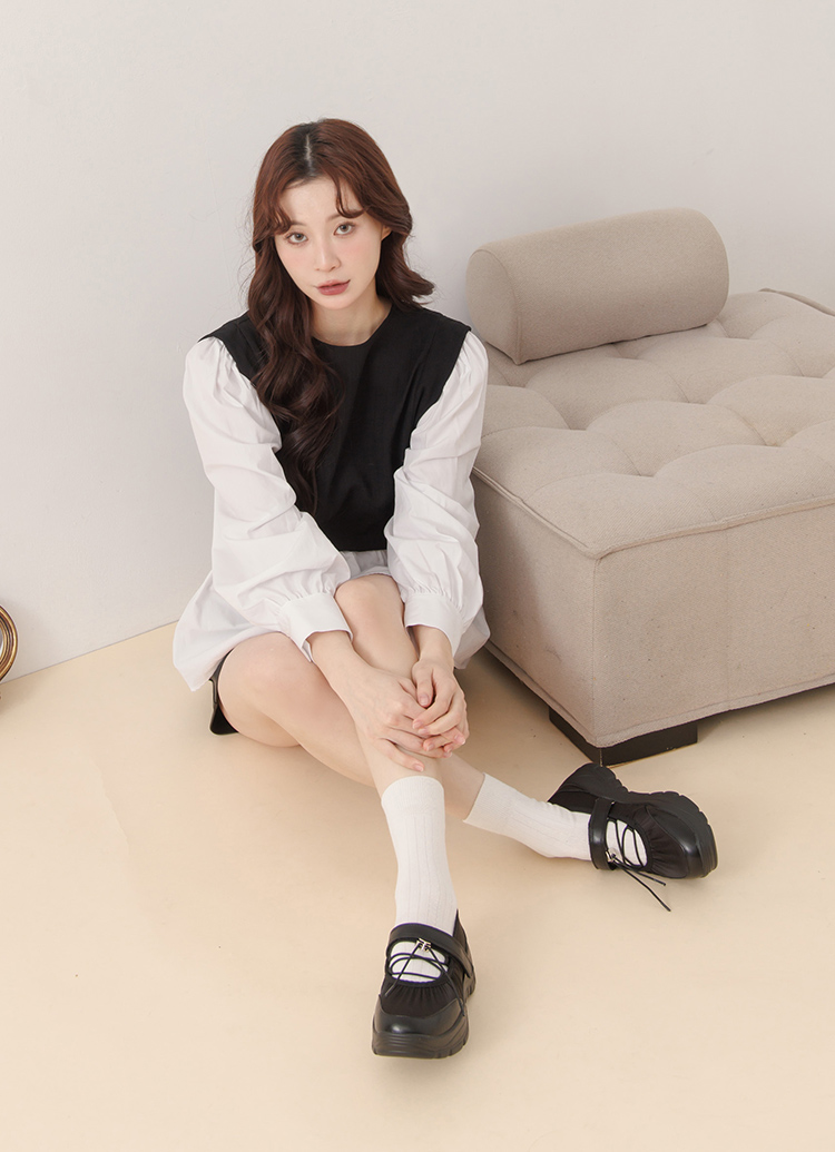 GraceGift平價女鞋 愛心 交叉繫繩 輕量厚底 芭蕾舞運動鞋 黑色