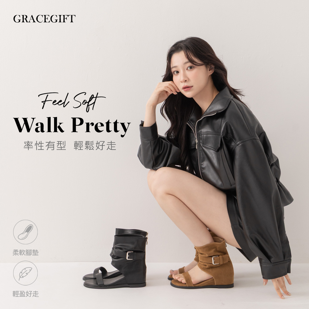 GraceGift平價女鞋 首爾街頭皺褶釦帶內增高涼鞋靴黑色 5.5CM韓系露趾短靴女鞋