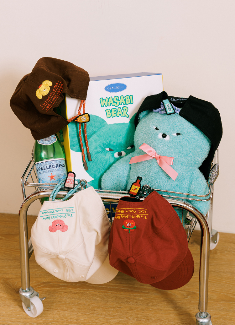 GraceGift Wasabi Bear 芥末熊 拉繩調節電繡棒球帽 黑色