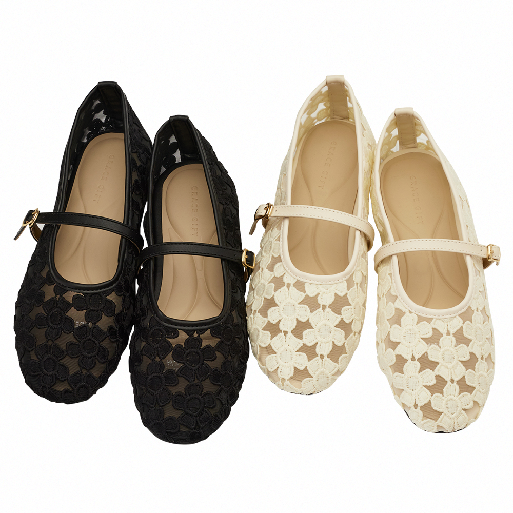 GraceGift平價女鞋 法式少女 蕾絲花朵 透膚平底 瑪莉珍鞋 杏色