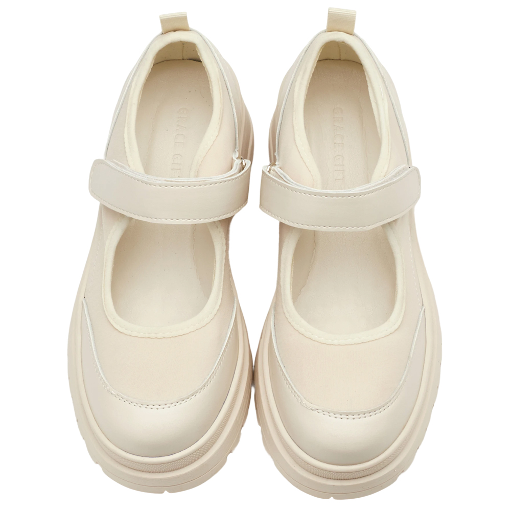 輕運動風拼接魔鬼氈瑪莉珍運動鞋 米白