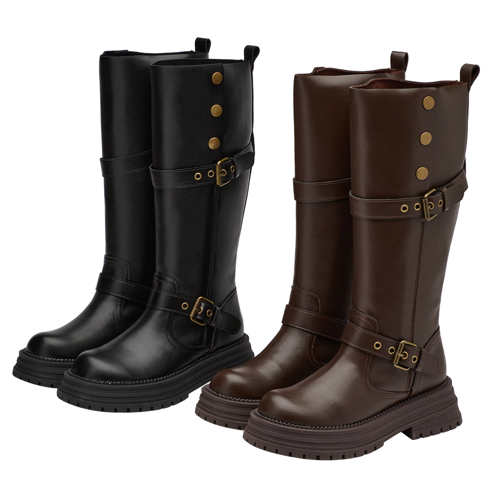 聖水街頭2WAY反折皮帶卯釘顯瘦長靴 黑