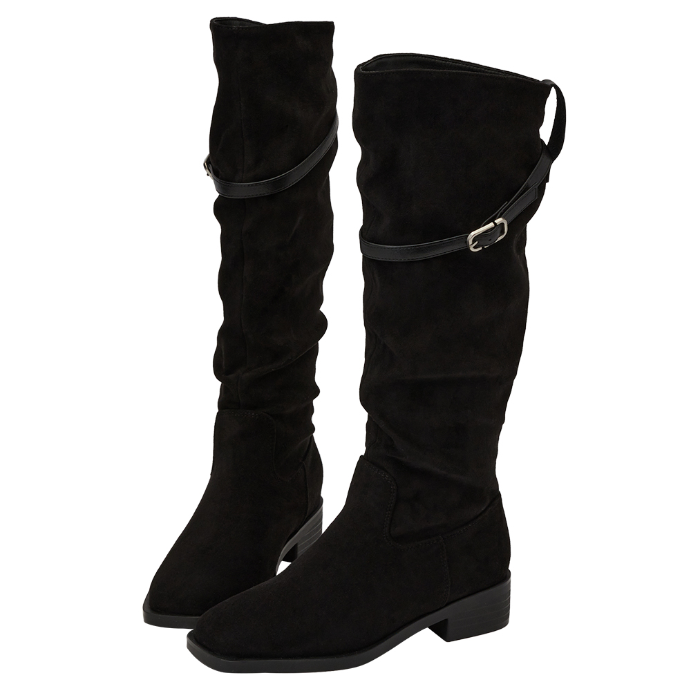 韓系層次方頭2way皮帶環堆堆機車長靴 黑