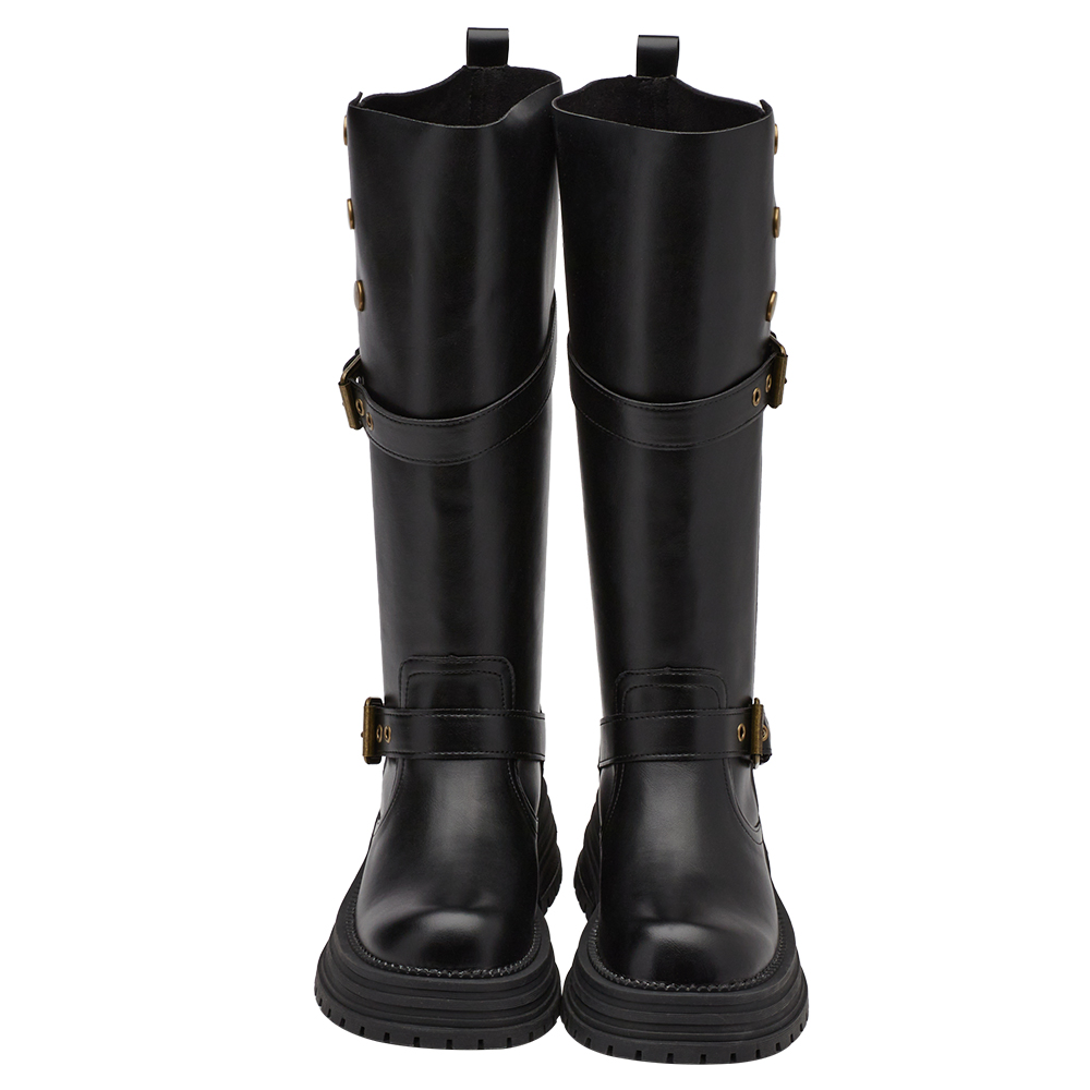 聖水街頭2WAY反折皮帶卯釘顯瘦長靴 黑