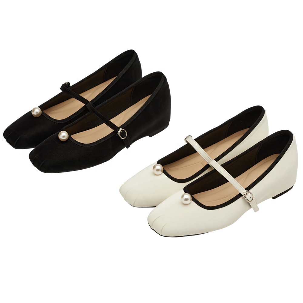 GraceGift平價女鞋 簡約珍珠 方頭撞色 內增高 瑪莉珍鞋 白色