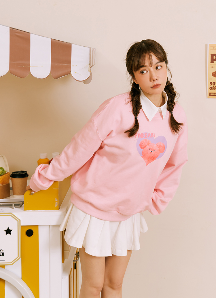 GraceGift Wasabi Bear聯名 粉芥末熊 小臉印花大學T 粉紅色 實拍圖