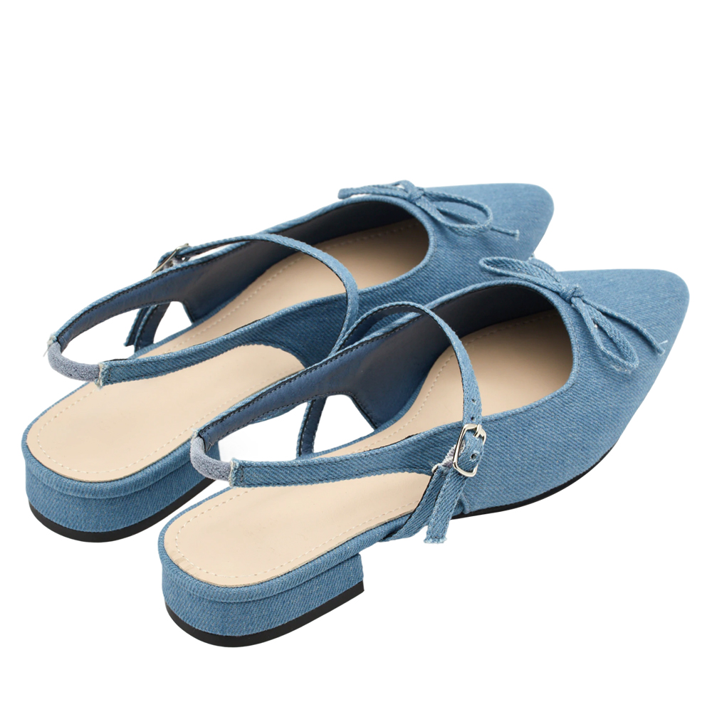 GraceGift 平價女鞋 法式尖頭 蝴蝶結後簍空芭蕾舞平底鞋 牛仔