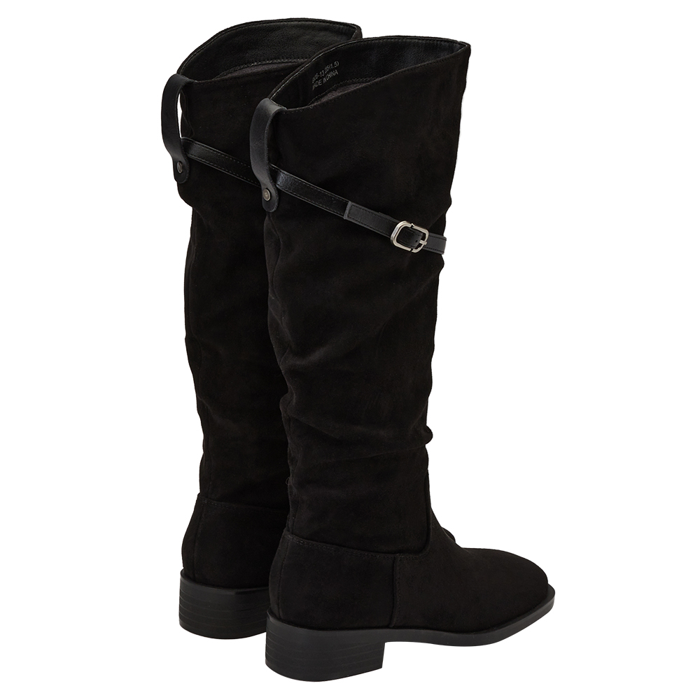 韓系層次方頭2way皮帶環堆堆機車長靴 黑