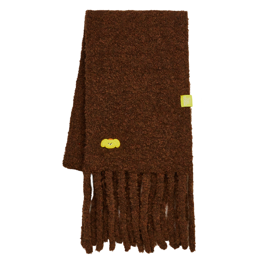 GraceGift Wasabi Bear聯名 黃芥末熊 顆粒仿羊毛流蘇圍巾 咖色 實拍圖