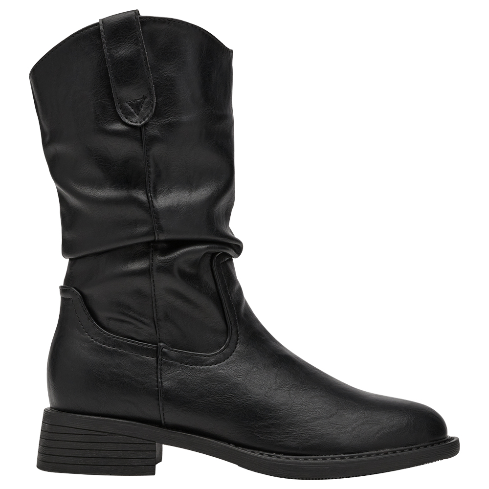 秋日復古皮革V口抓皺西部堆堆靴 黑