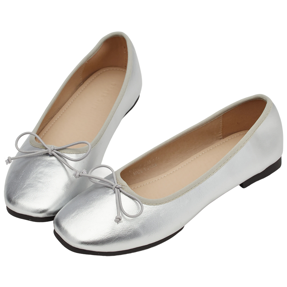 GraceGift平價女鞋 時尚秀場 方圓頭 法式經典蝴蝶結芭蕾舞平底娃娃鞋 銀色