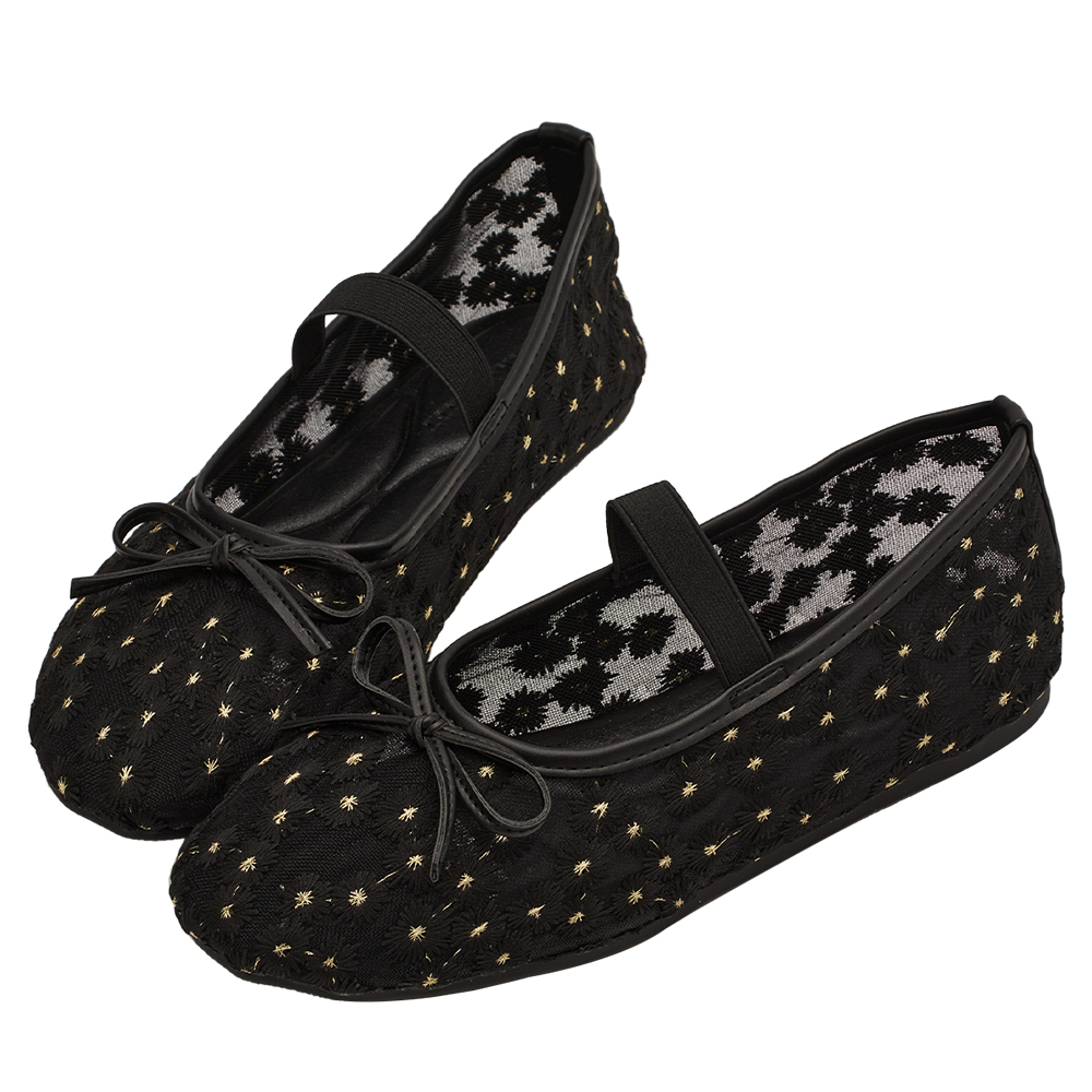 GraceGift平價女鞋 春日花園 蝴蝶結網紗 平底瑪莉珍鞋 黑色