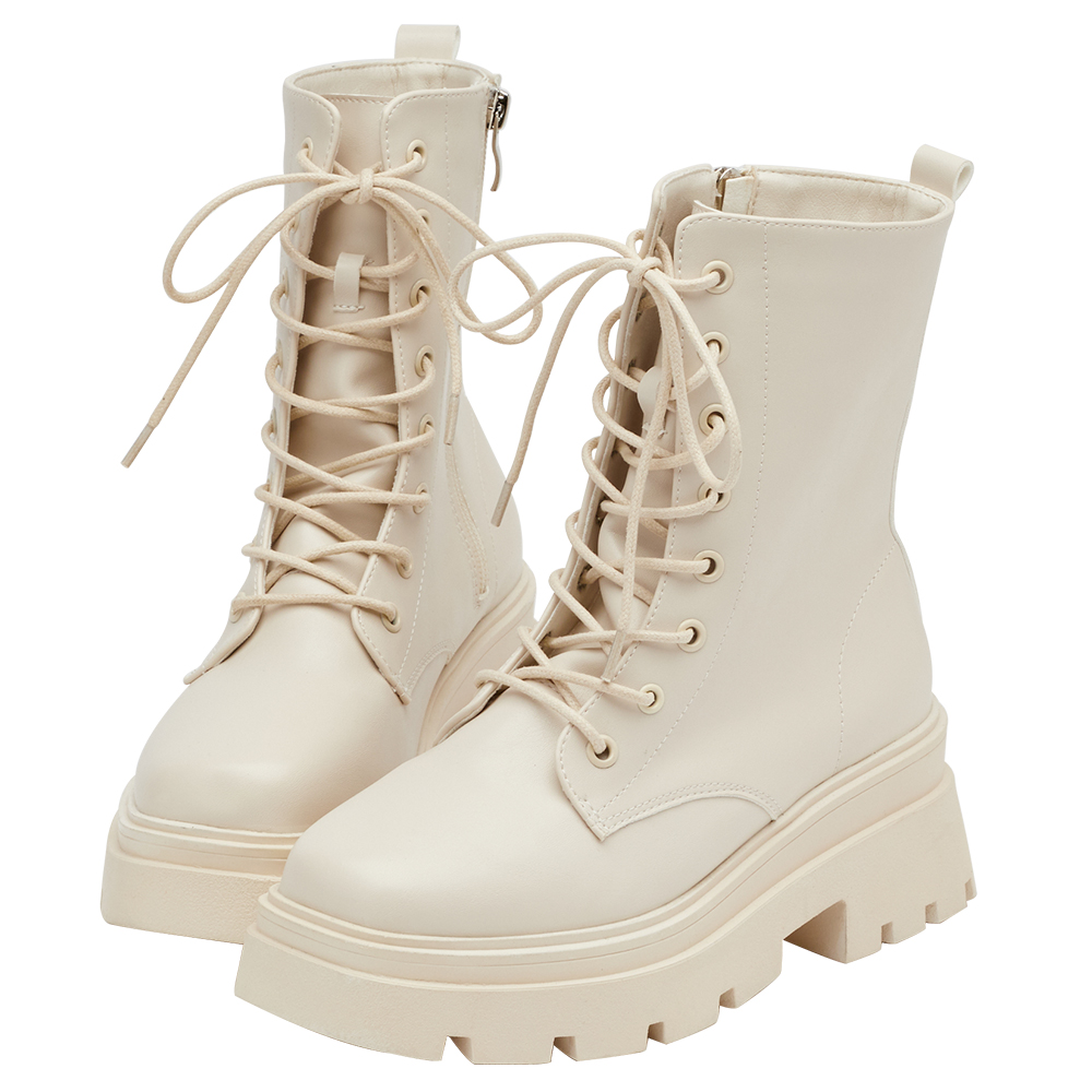 叛逆潮流方頭鬆糕厚底綁帶靴 米白