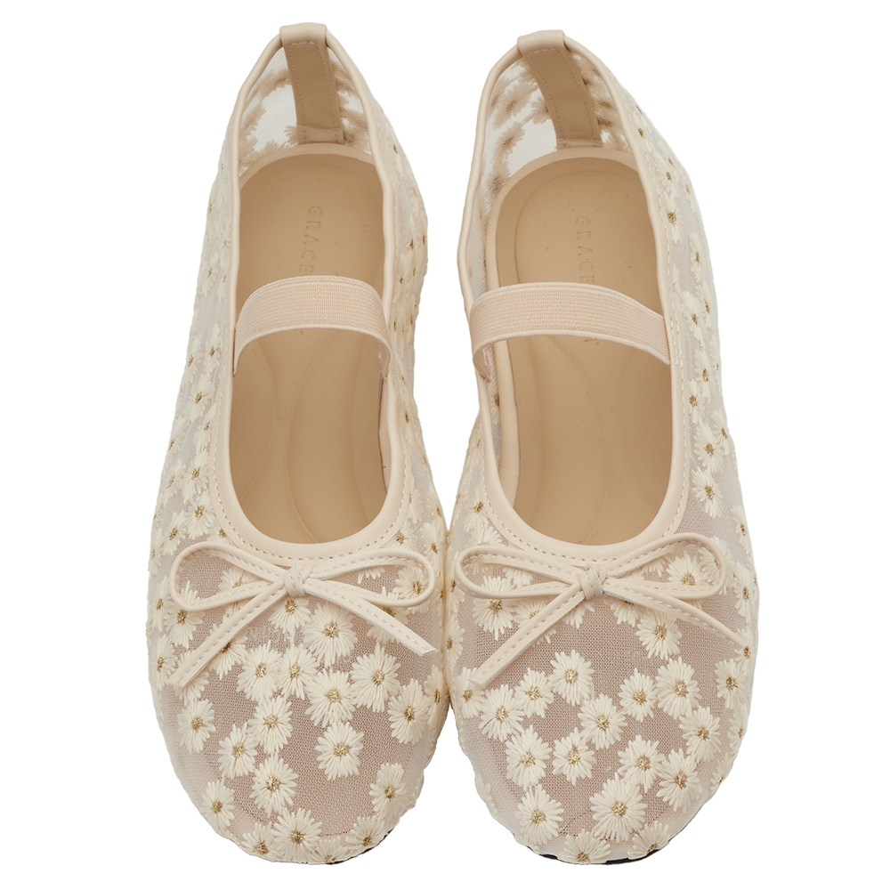 GraceGift平價女鞋 春日花園 蝴蝶結網紗 平底瑪莉珍鞋 杏色