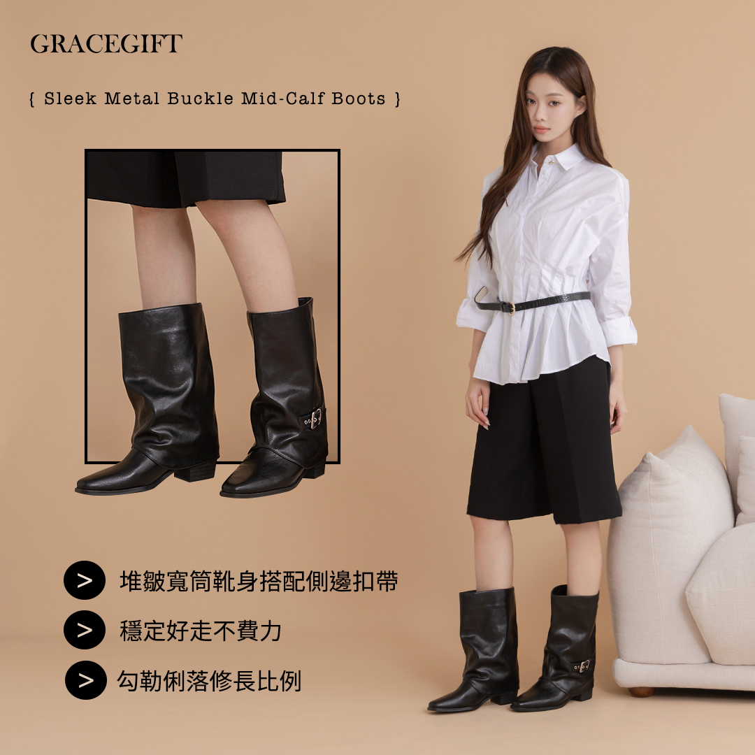 Grace Gift 90s復古釦帶5cm內增高尖頭黑色褲管中筒靴