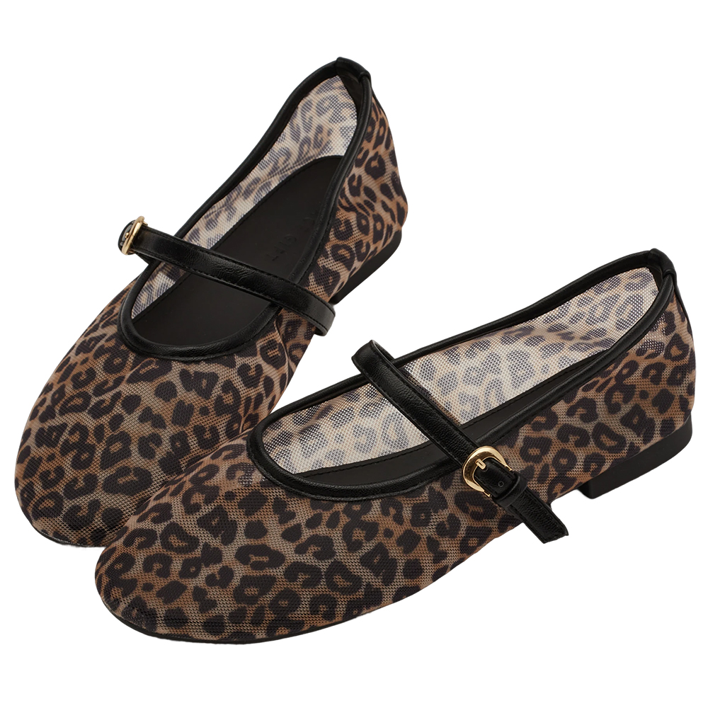 GraceGift平價女鞋 名人時尚 透膚網面 平底瑪莉珍鞋 豹紋