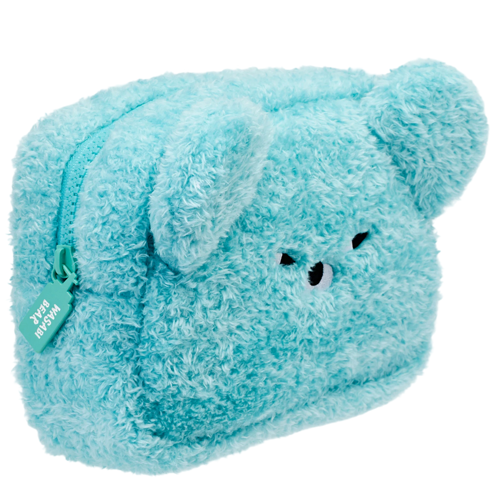 GraceGift Wasabi Bear聯名 芥末熊 格紋絨毛化妝包 藍綠色 實拍圖