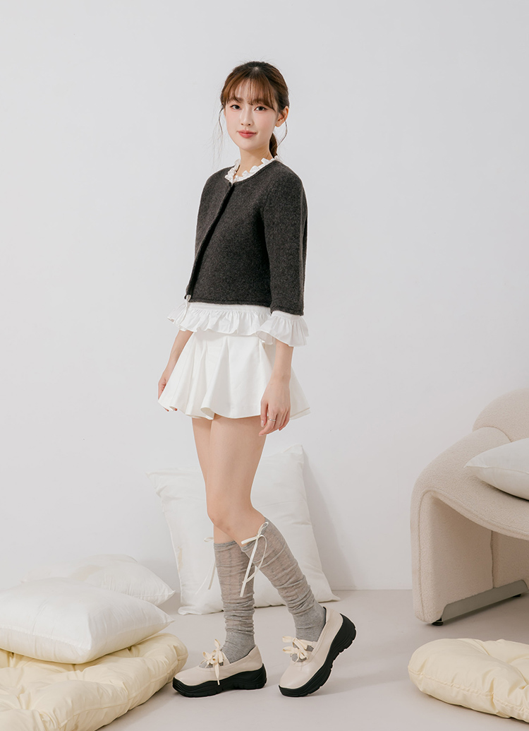 Grace Gift 平價女鞋 法式少女 蝴蝶結輕量瑪莉珍運動鞋 米白色 實拍圖