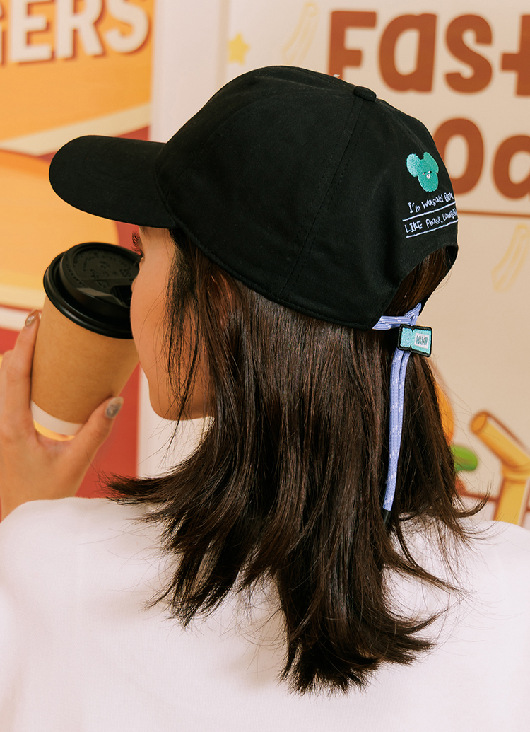 GraceGift Wasabi Bear 芥末熊 拉繩調節電繡棒球帽 黑色