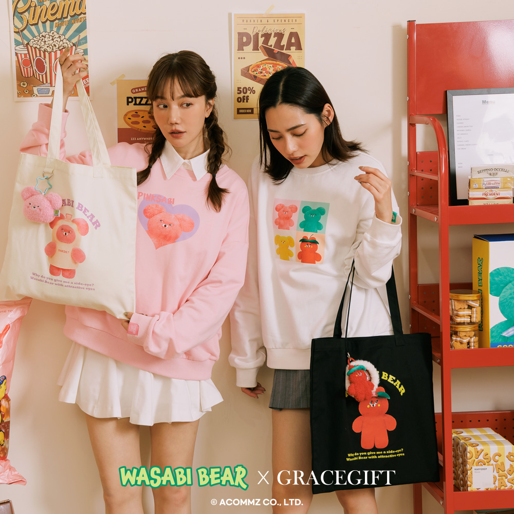 Grace Gift 平價女鞋 Wasabi Bear 聯名 粉芥末熊 印花帆布包 正紅色 實拍圖