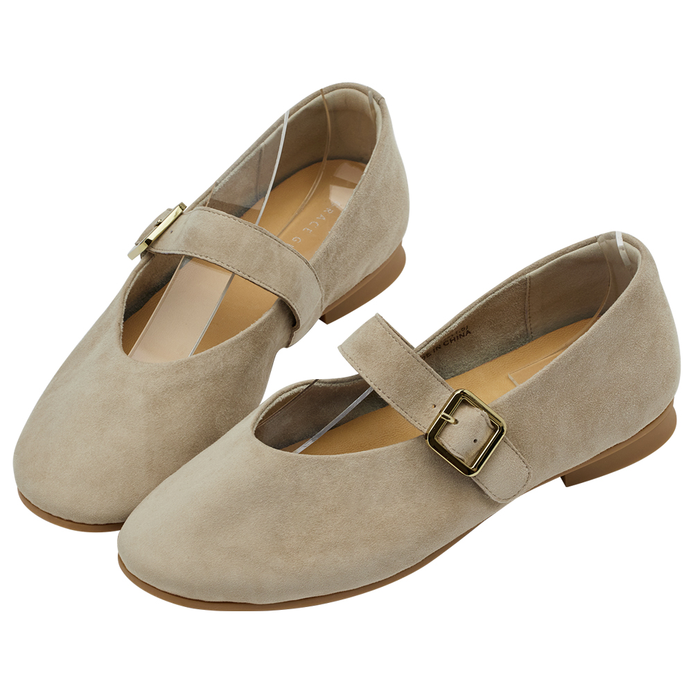 GraceGift 平價女鞋 時尚秀場 圓頭 精品級金屬方釦真皮平底瑪莉珍鞋 卡其色