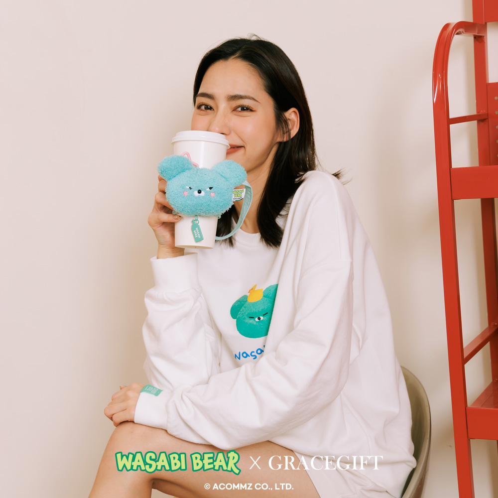 GraceGift Wasabi Bear聯名 芥末熊 絨毛星星吊飾飲料提袋 隨行包 藍綠色