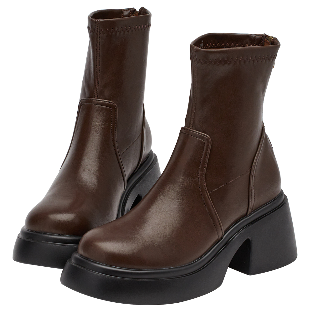 長腿歐膩彈力輕量厚底短靴 咖